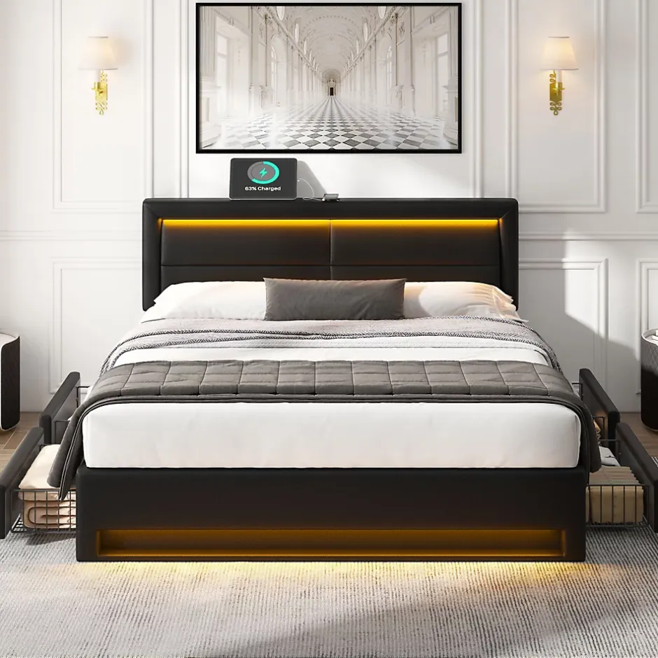 Okwish Lit Double 140x200 cm - Lit Capitonné PU avec Rangement et Ports USB - Éclairage LED Télécommandé - Noir - Sans Matelas Online