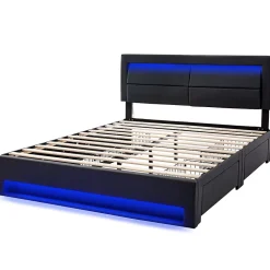 Okwish Lit Double 140x200 cm - Lit Capitonné PU avec Rangement et Ports USB - Éclairage LED Télécommandé - Noir - Sans Matelas Online