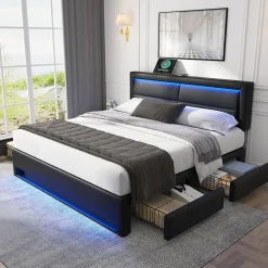 Okwish Lit Double 140x200 cm - Lit Capitonné PU avec Rangement et Ports USB - Éclairage LED Télécommandé - Noir - Sans Matelas Online