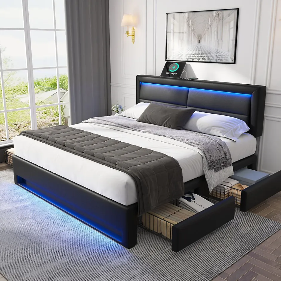 Okwish Lit Double 140x200 cm - Lit Capitonné PU avec Rangement et Ports USB - Éclairage LED Télécommandé - Noir - Sans Matelas Online