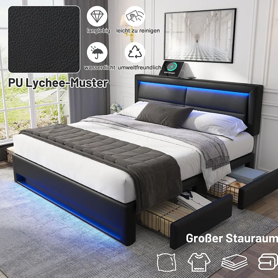 Okwish Lit Double 140x200 cm - Lit Capitonné PU avec Rangement et Ports USB - Éclairage LED Télécommandé - Noir - Sans Matelas Online