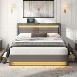 Okwish Lit Double 160x200 cm - Lit Capitonné PU avec Rangement et Ports USB - Éclairage LED Télécommandé - Gris - Sans Matelas