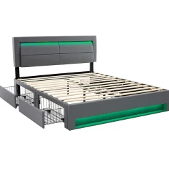 Okwish Lit Double 160x200 cm - Lit Capitonné PU avec Rangement et Ports USB - Éclairage LED Télécommandé - Gris - Sans Matelas