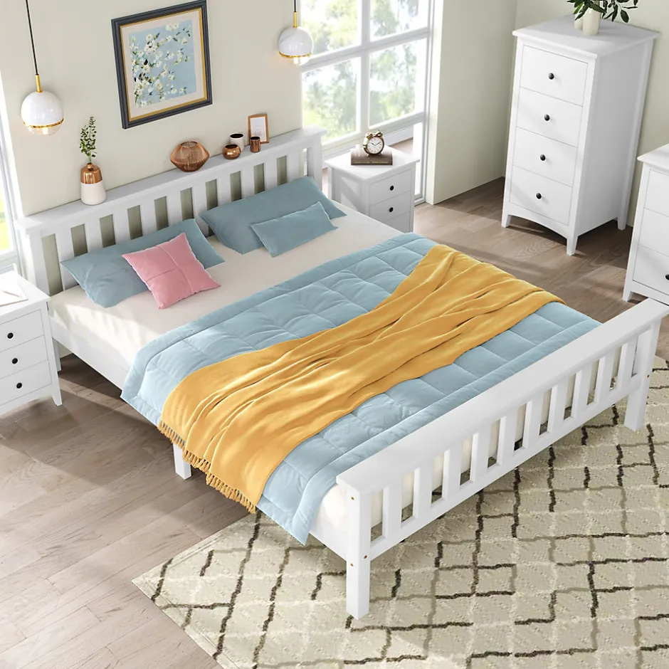 Okwish Lit double 140x200 cm - Lit classique avec sommier à lattes - Pin et MDF - Sans matelas - Blanc