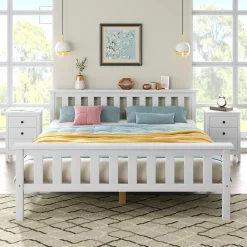 Okwish Lit double 140x200 cm - Lit classique avec sommier à lattes - Pin et MDF - Sans matelas - Blanc