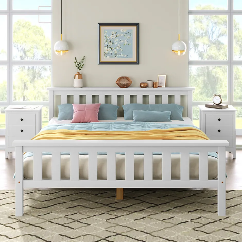Okwish Lit double 140x200 cm - Lit classique avec sommier à lattes - Pin et MDF - Sans matelas - Blanc