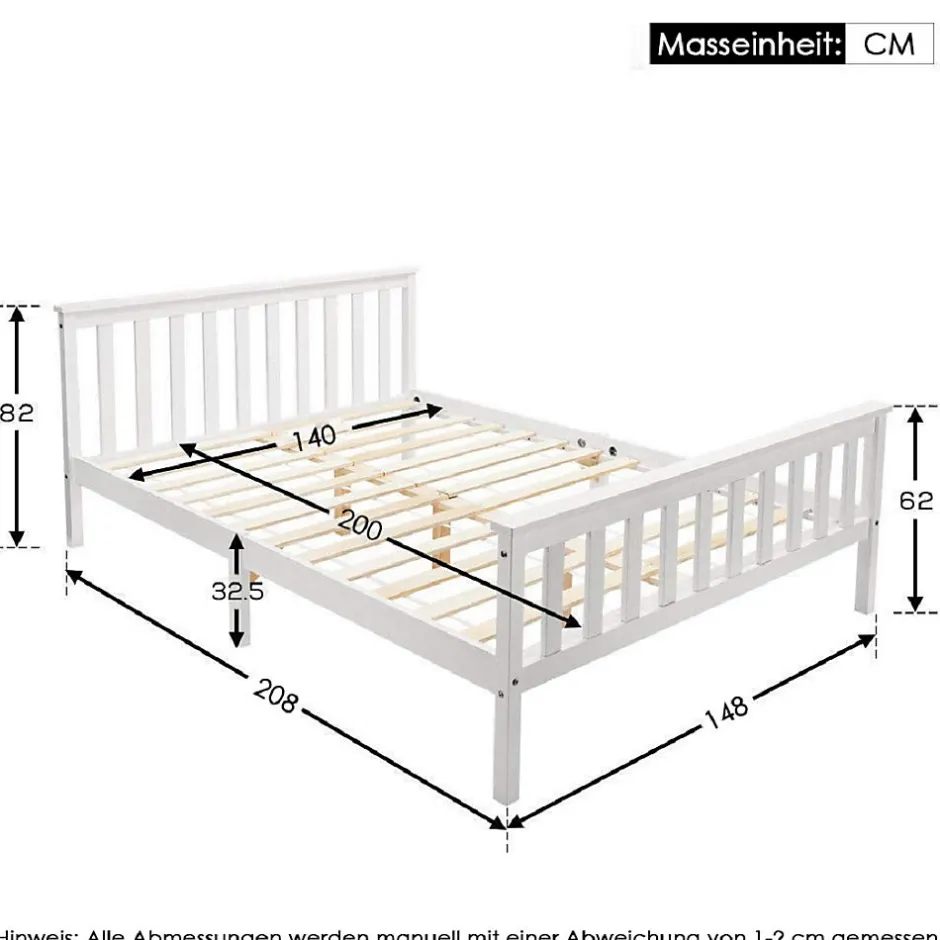 Okwish Lit double 140x200 cm - Lit classique avec sommier à lattes - Pin et MDF - Sans matelas - Blanc
