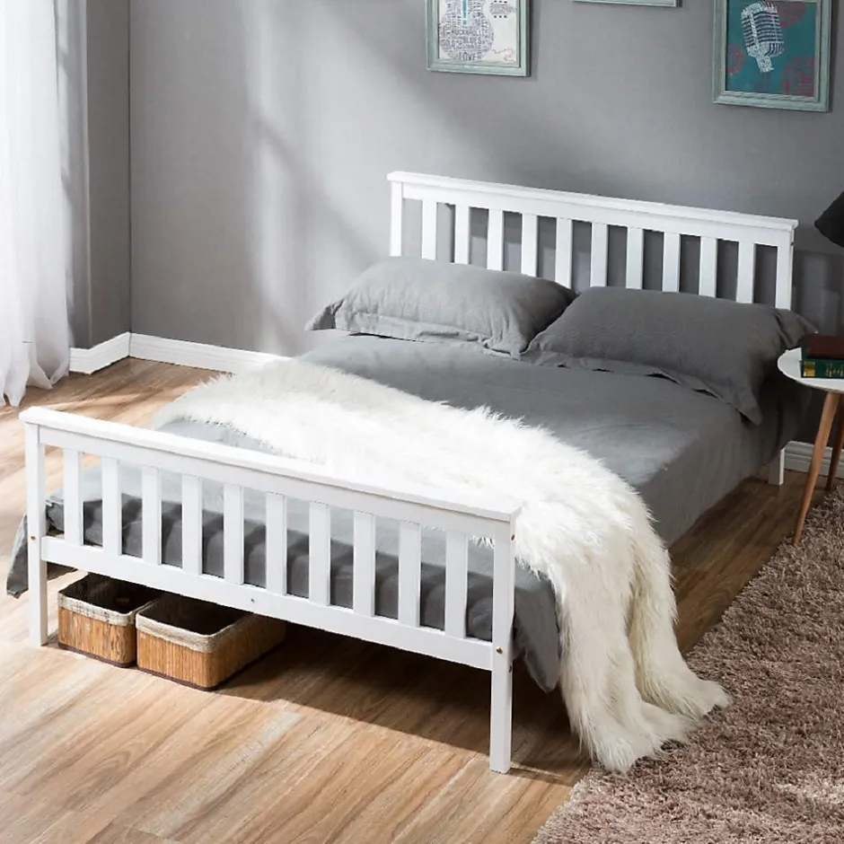 Okwish Lit double 140x200 cm - Lit classique avec sommier à lattes - Pin et MDF - Sans matelas - Blanc
