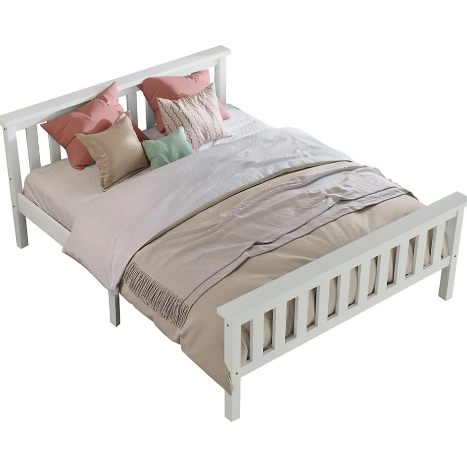 Okwish Lit double 140x200 cm - Lit classique avec sommier à lattes - Pin et MDF - Sans matelas - Blanc