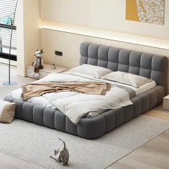 Okwish Lit double 140x190 cm - Lit classique avec dossier moelleux - Lin - Sans Matelas - Gris Hot