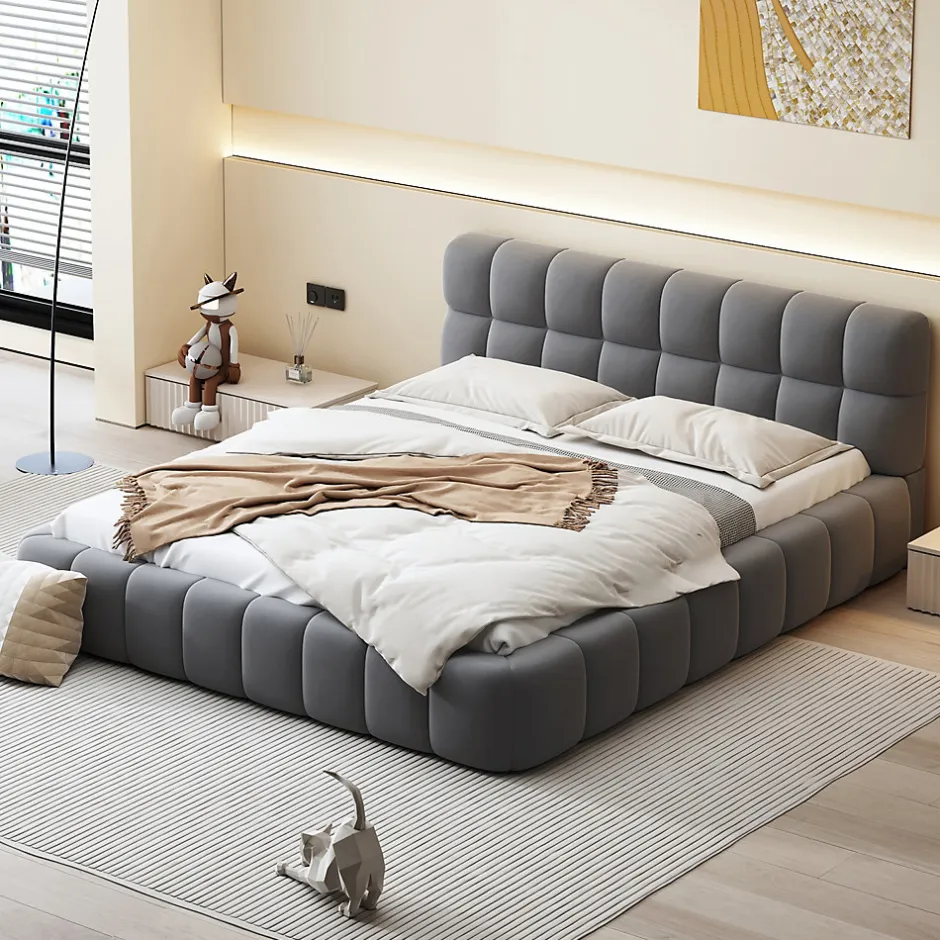 Okwish Lit double 140x190 cm - Lit classique avec dossier moelleux - Lin - Sans Matelas - Gris Hot