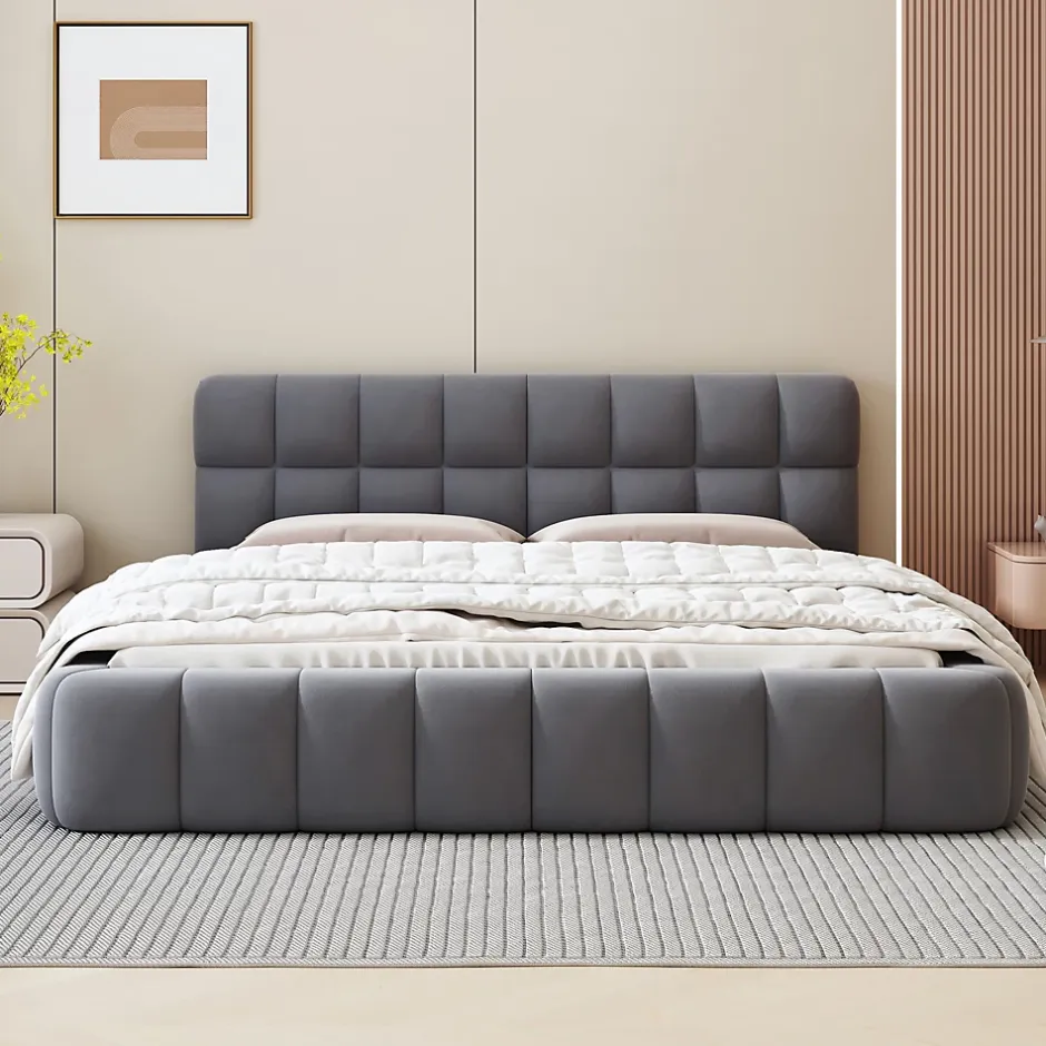 Okwish Lit double 140x190 cm - Lit classique avec dossier moelleux - Lin - Sans Matelas - Gris Hot