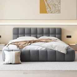 Okwish Lit double 140x190 cm - Lit classique avec dossier moelleux - Lin - Sans Matelas - Gris Hot