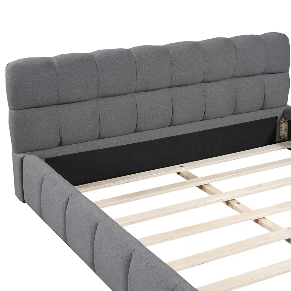Okwish Lit double 140x190 cm - Lit classique avec dossier moelleux - Lin - Sans Matelas - Gris Hot