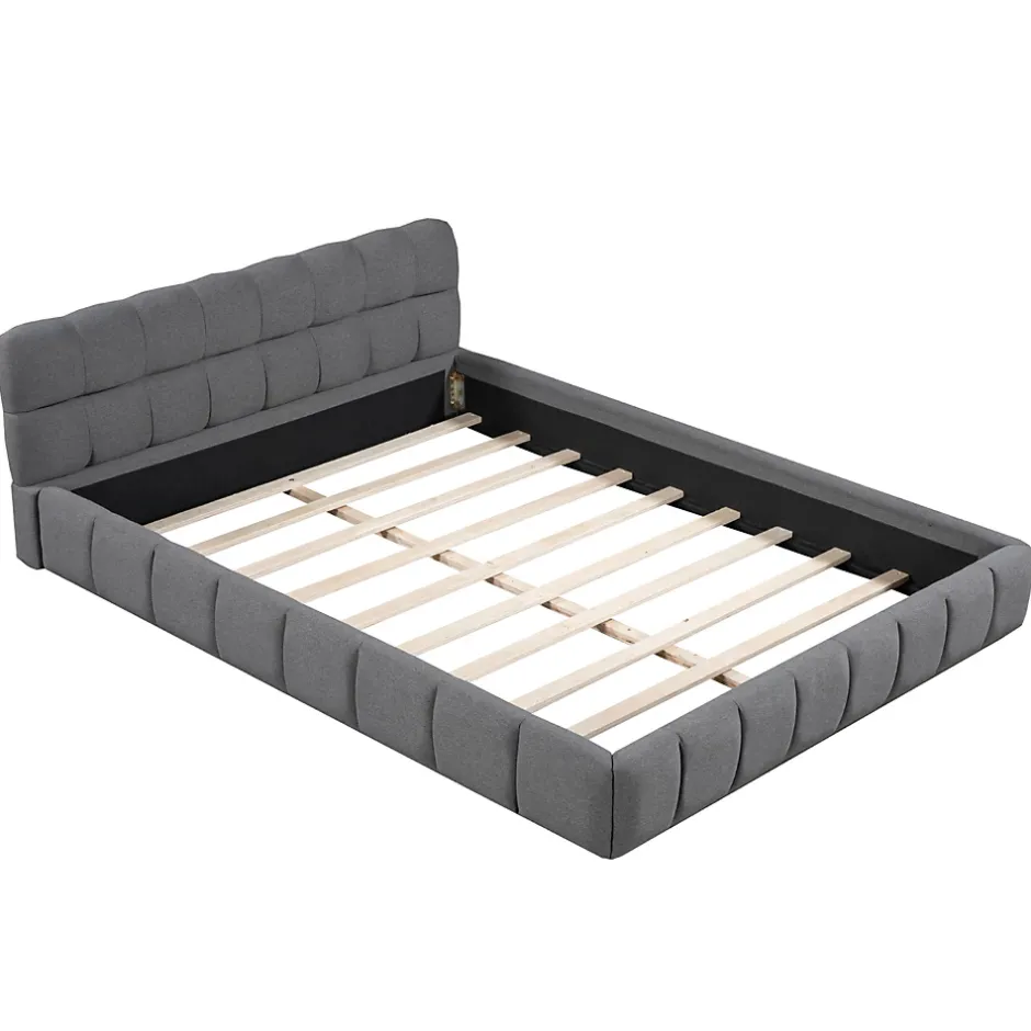 Okwish Lit double 140x190 cm - Lit classique avec dossier moelleux - Lin - Sans Matelas - Gris Hot