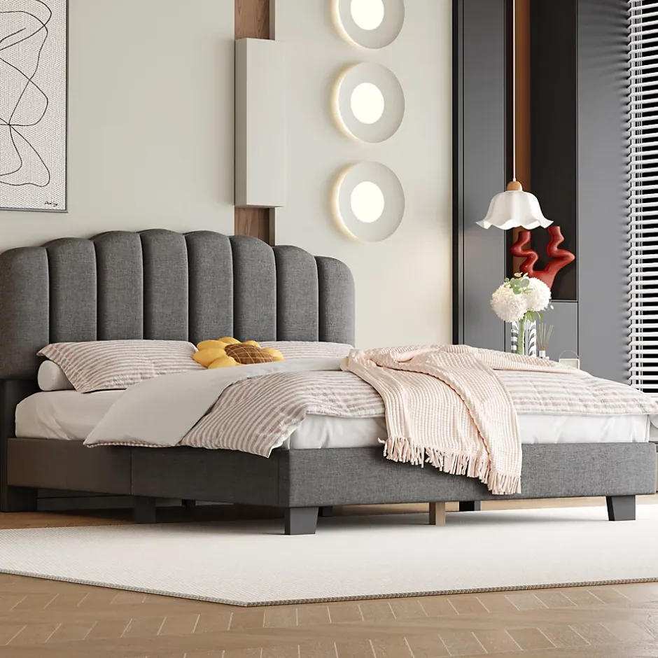 Okwish Lit Double 140x200 cm - Lit Classique avec Tête de Lit Réglable - Lin + MDF - Sans Matelas - Gris Best