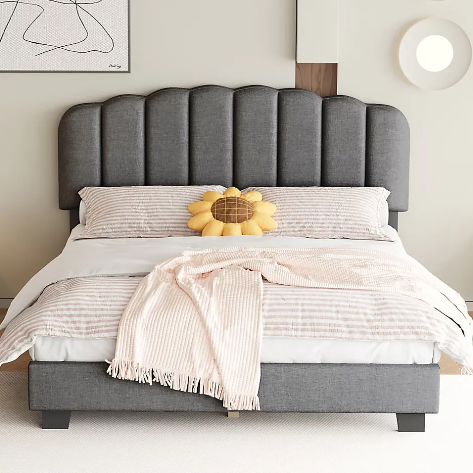 Okwish Lit Double 140x200 cm - Lit Classique avec Tête de Lit Réglable - Lin + MDF - Sans Matelas - Gris Best