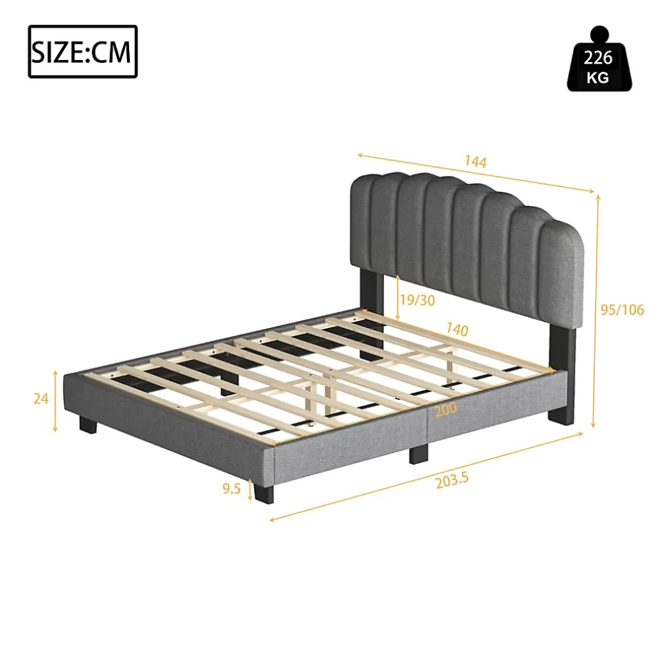 Okwish Lit Double 140x200 cm - Lit Classique avec Tête de Lit Réglable - Lin + MDF - Sans Matelas - Gris Best