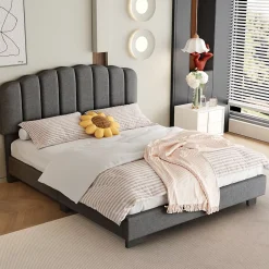 Okwish Lit Double 140x200 cm - Lit Classique avec Tête de Lit Réglable - Lin + MDF - Sans Matelas - Gris Best