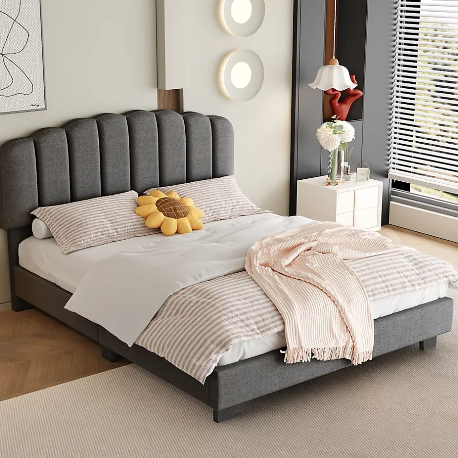 Okwish Lit Double 140x200 cm - Lit Classique avec Tête de Lit Réglable - Lin + MDF - Sans Matelas - Gris Best