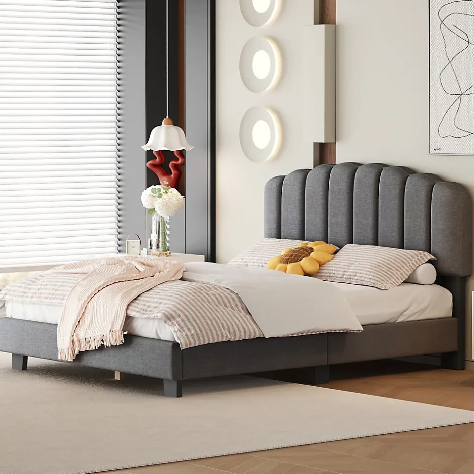 Okwish Lit Double 140x200 cm - Lit Classique avec Tête de Lit Réglable - Lin + MDF - Sans Matelas - Gris Best