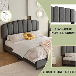 Okwish Lit Double 140x200 cm - Lit Classique avec Tête de Lit Réglable - Lin + MDF - Sans Matelas - Gris Best
