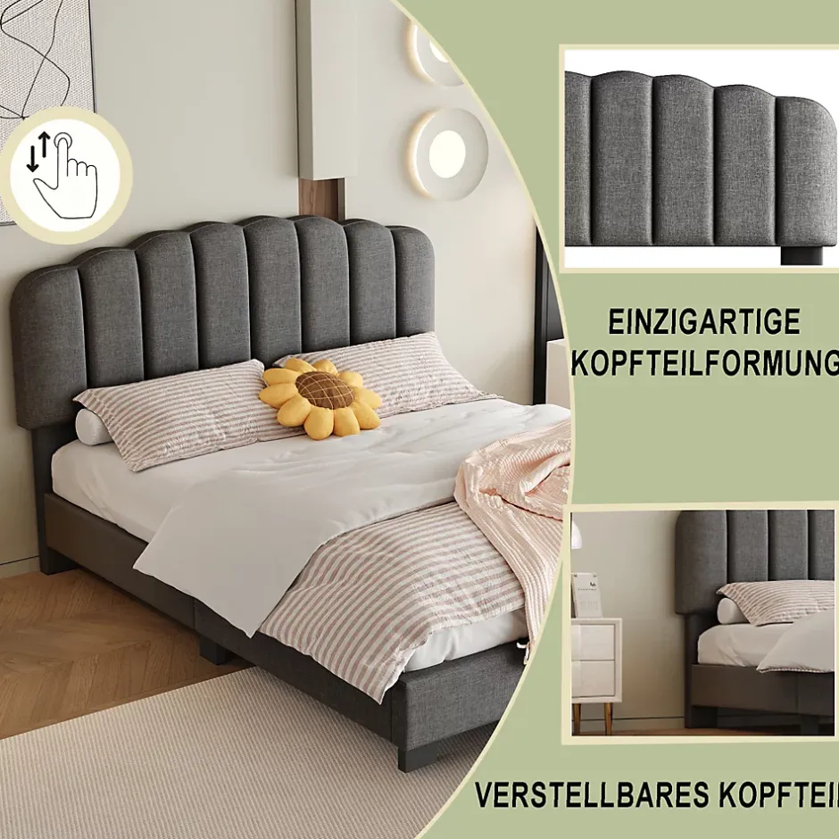 Okwish Lit Double 140x200 cm - Lit Classique avec Tête de Lit Réglable - Lin + MDF - Sans Matelas - Gris Best