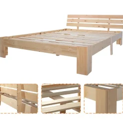 Okwish Lit Double 140x200 cm - Lit Double en Bois Massif avec Sommier Inclus, Style Minimaliste, Pin Naturel