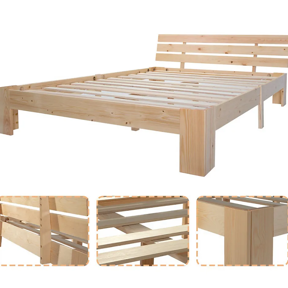 Okwish Lit Double 140x200 cm - Lit Double en Bois Massif avec Sommier Inclus, Style Minimaliste, Pin Naturel