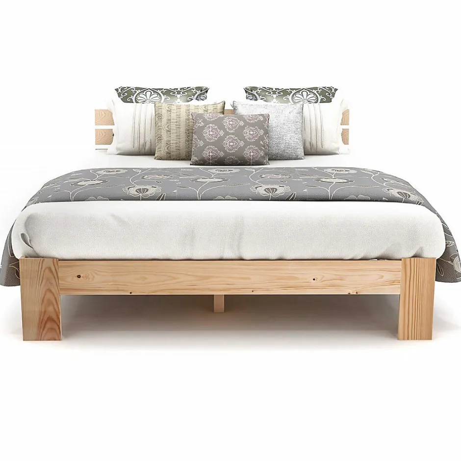 Okwish Lit Double 140x200 cm - Lit Double en Bois Massif avec Sommier Inclus, Style Minimaliste, Pin Naturel