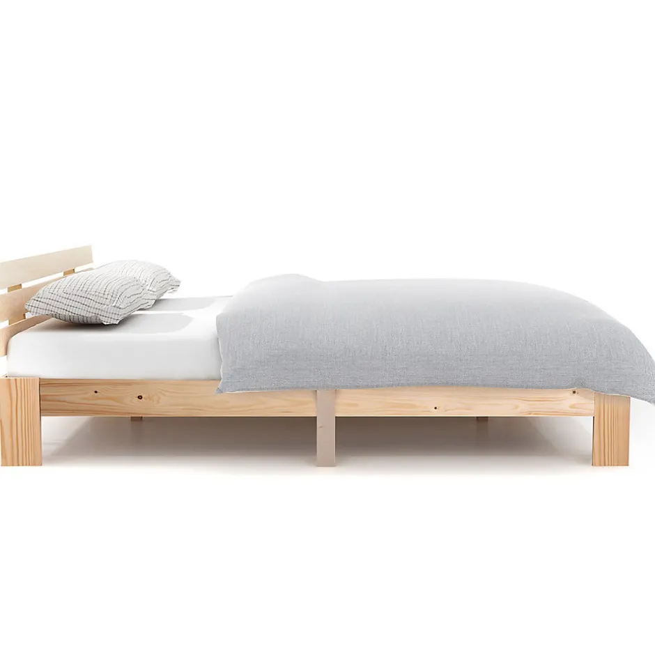 Okwish Lit Double 140x200 cm - Lit Double en Bois Massif avec Sommier Inclus, Style Minimaliste, Pin Naturel