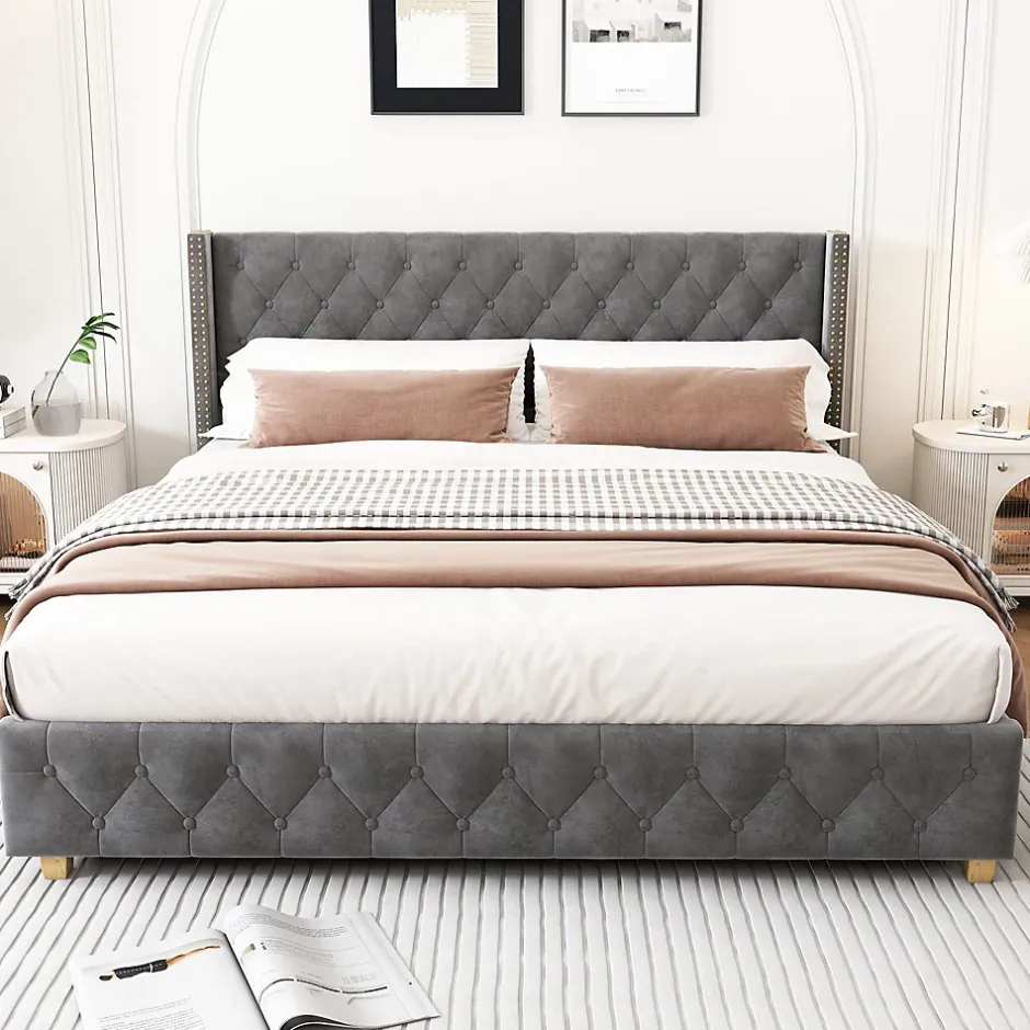 Okwish Lit Double 160x200 cm - Lit Double Rembourré avec Tête Boutonnée et Sommier - Velours - Sans Matelas - Gris Sale