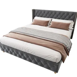 Okwish Lit Double 160x200 cm - Lit Double Rembourré avec Tête Boutonnée et Sommier - Velours - Sans Matelas - Gris Sale