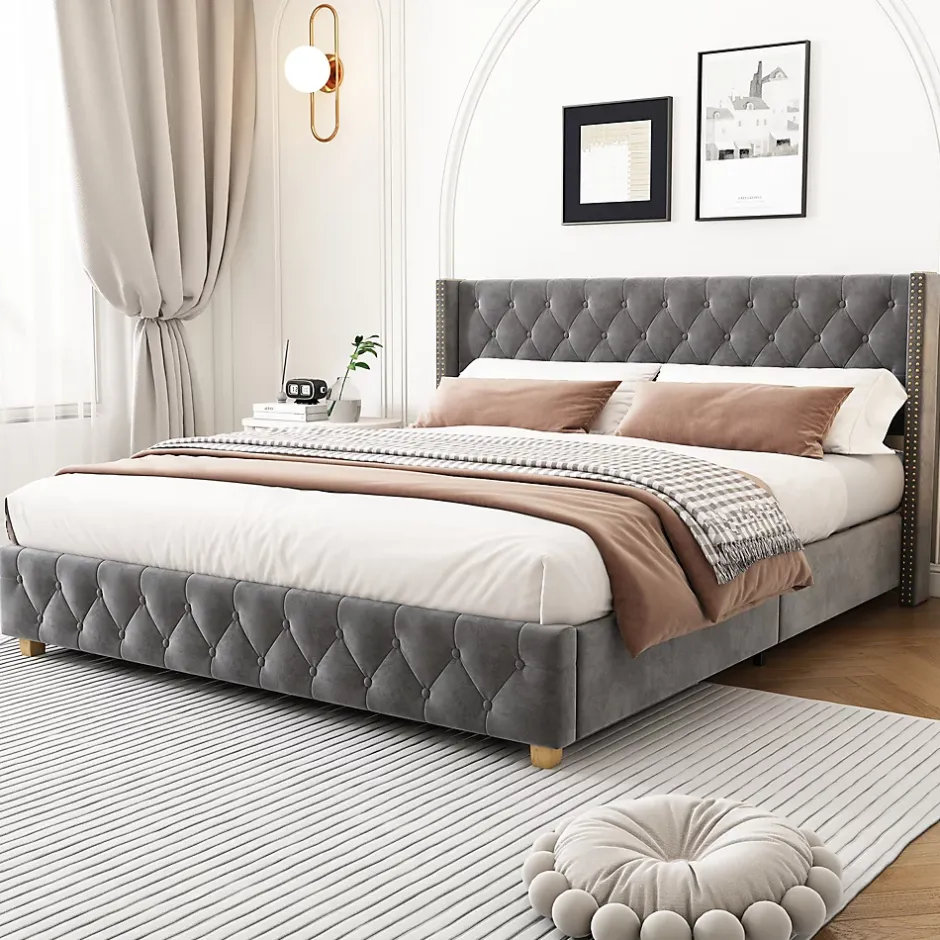 Okwish Lit Double 160x200 cm - Lit Double Rembourré avec Tête Boutonnée et Sommier - Velours - Sans Matelas - Gris Sale