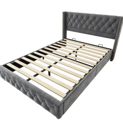 Okwish Lit Double 160x200 cm - Lit Double Rembourré avec Tête Boutonnée et Sommier - Velours - Sans Matelas - Gris Sale