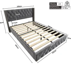Okwish Lit Double 160x200 cm - Lit Double Rembourré avec Tête Boutonnée et Sommier - Velours - Sans Matelas - Gris Sale