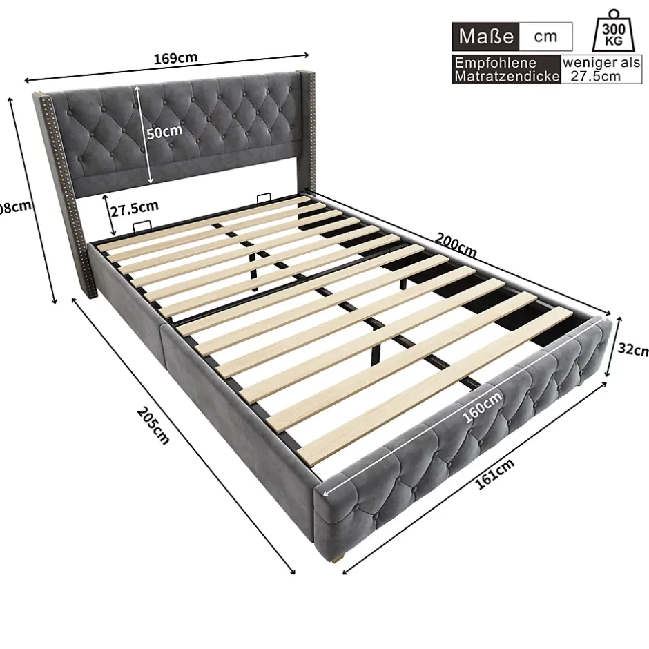 Okwish Lit Double 160x200 cm - Lit Double Rembourré avec Tête Boutonnée et Sommier - Velours - Sans Matelas - Gris Sale