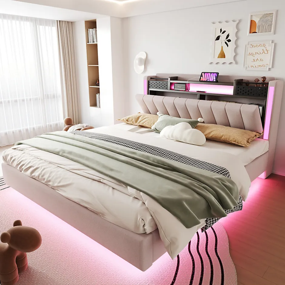 Okwish Lit Double 160x200 cm - Lit Double avec Rangement et USB, LED Intégrée, Lin Beige, Sans Matelas