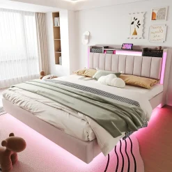 Okwish Lit Double 160x200 cm - Lit Double avec Rangement et USB, LED Intégrée, Lin Beige, Sans Matelas