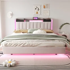 Okwish Lit Double 160x200 cm - Lit Double avec Rangement et USB, LED Intégrée, Lin Beige, Sans Matelas