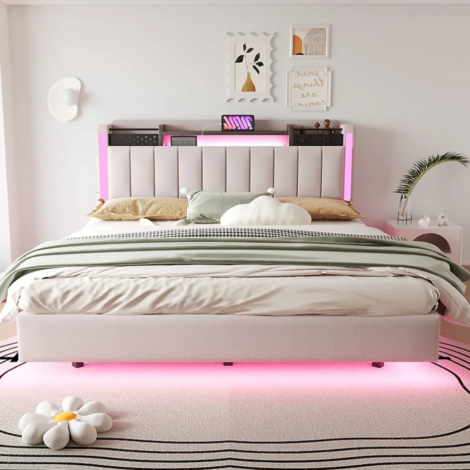 Okwish Lit Double 160x200 cm - Lit Double avec Rangement et USB, LED Intégrée, Lin Beige, Sans Matelas
