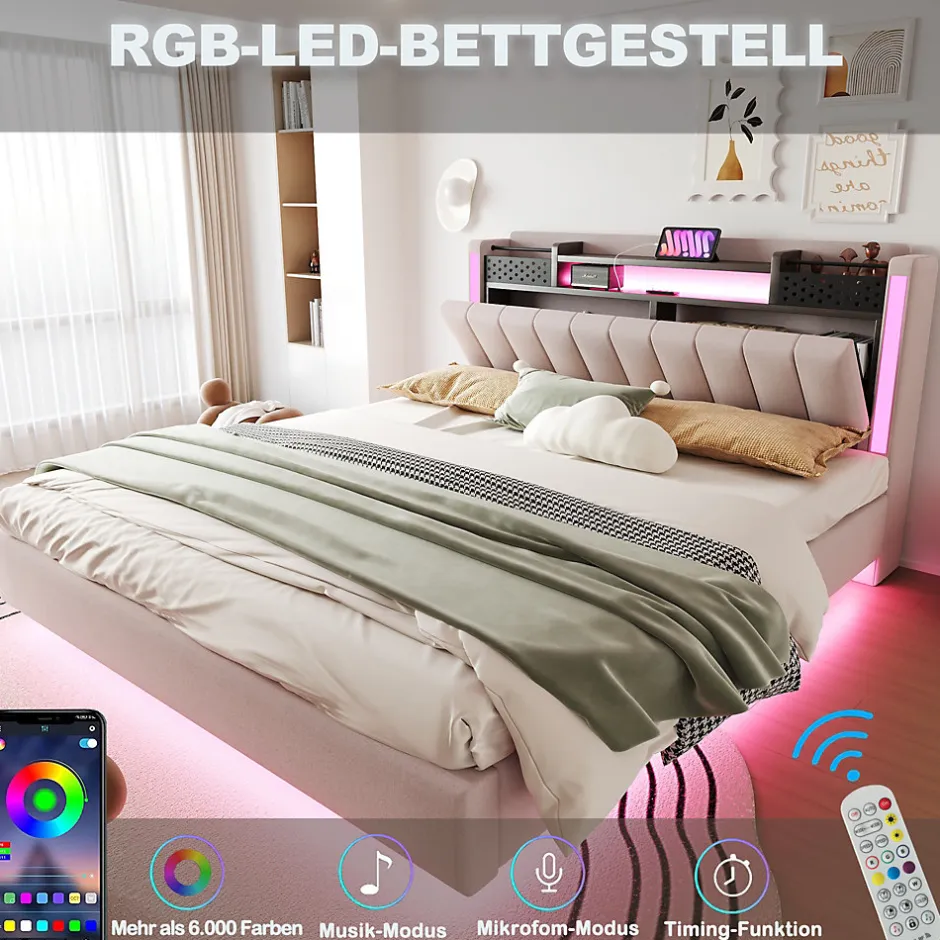 Okwish Lit Double 160x200 cm - Lit Double avec Rangement et USB, LED Intégrée, Lin Beige, Sans Matelas