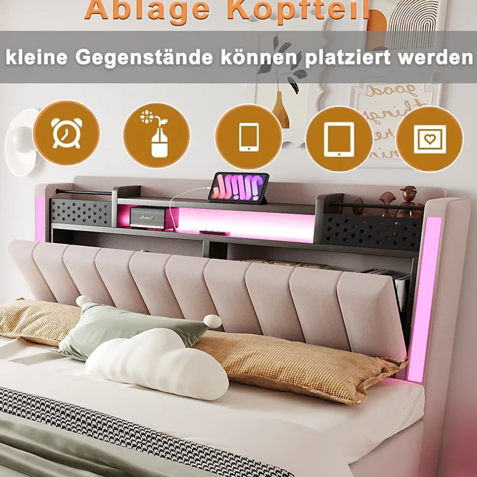 Okwish Lit Double 160x200 cm - Lit Double avec Rangement et USB, LED Intégrée, Lin Beige, Sans Matelas