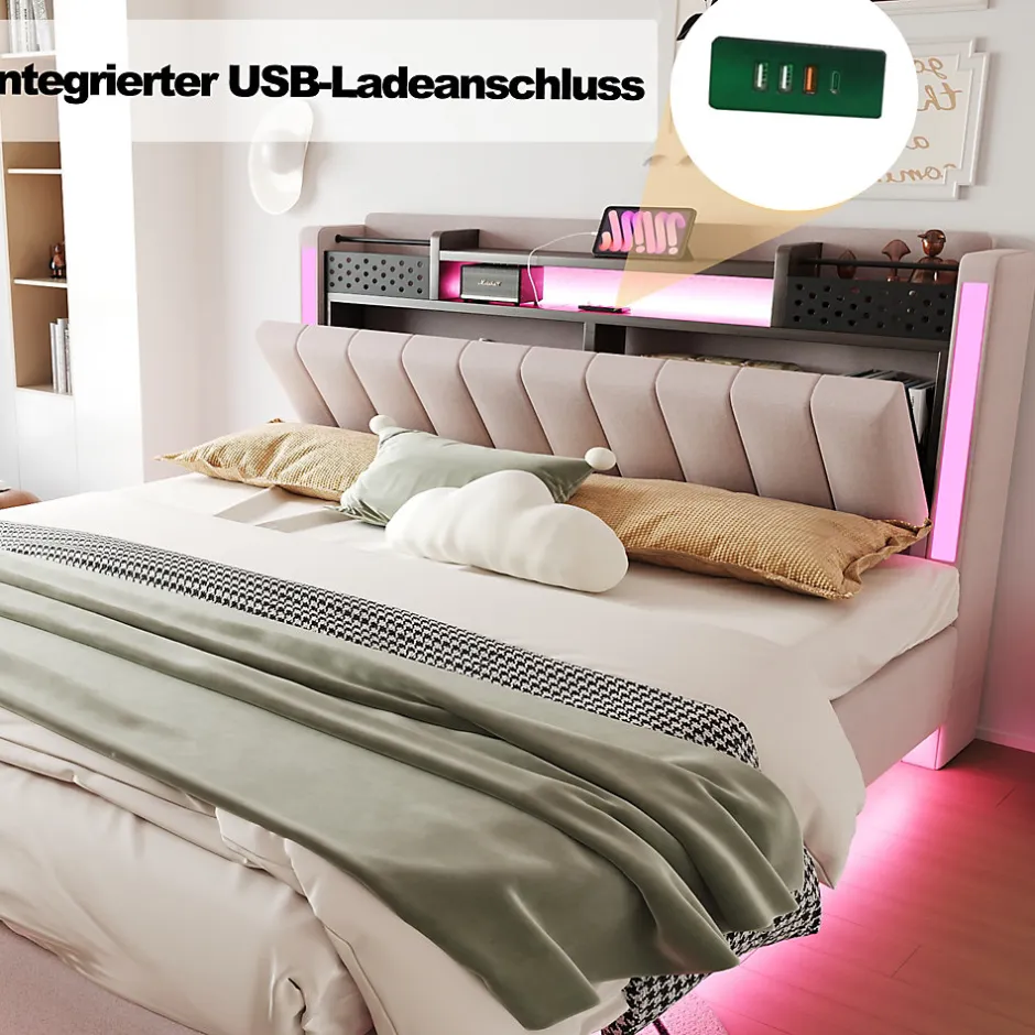 Okwish Lit Double 160x200 cm - Lit Double avec Rangement et USB, LED Intégrée, Lin Beige, Sans Matelas
