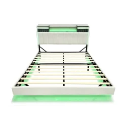 Okwish Lit Double 160x200 cm - Lit Double avec Rangement et USB, LED Intégrée, Lin Beige, Sans Matelas