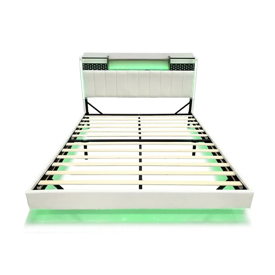 Okwish Lit Double 160x200 cm - Lit Double avec Rangement et USB, LED Intégrée, Lin Beige, Sans Matelas