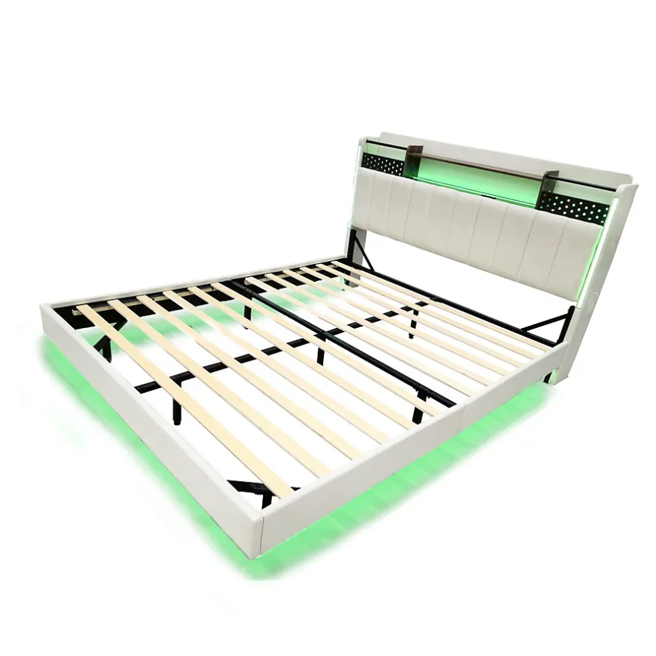 Okwish Lit Double 160x200 cm - Lit Double avec Rangement et USB, LED Intégrée, Lin Beige, Sans Matelas