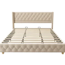 Okwish Lit Double 180x200 cm - Lit Double Rembourré avec Tête de Lit Capitonnée - Velours - Sans Matelas - Beige Clearance