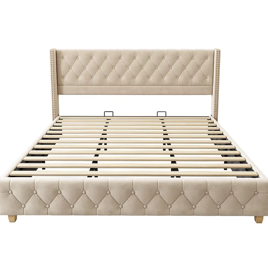 Okwish Lit Double 180x200 cm - Lit Double Rembourré avec Tête de Lit Capitonnée - Velours - Sans Matelas - Beige Clearance