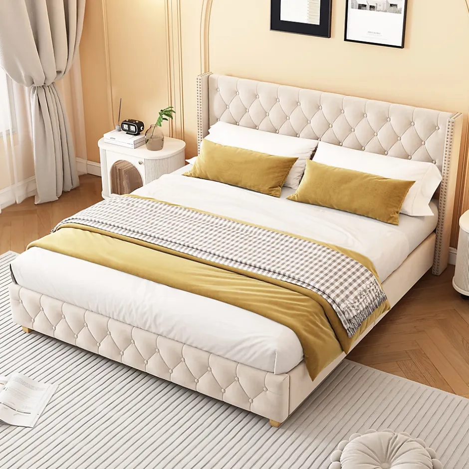 Okwish Lit Double 180x200 cm - Lit Double Rembourré avec Tête de Lit Capitonnée - Velours - Sans Matelas - Beige Clearance